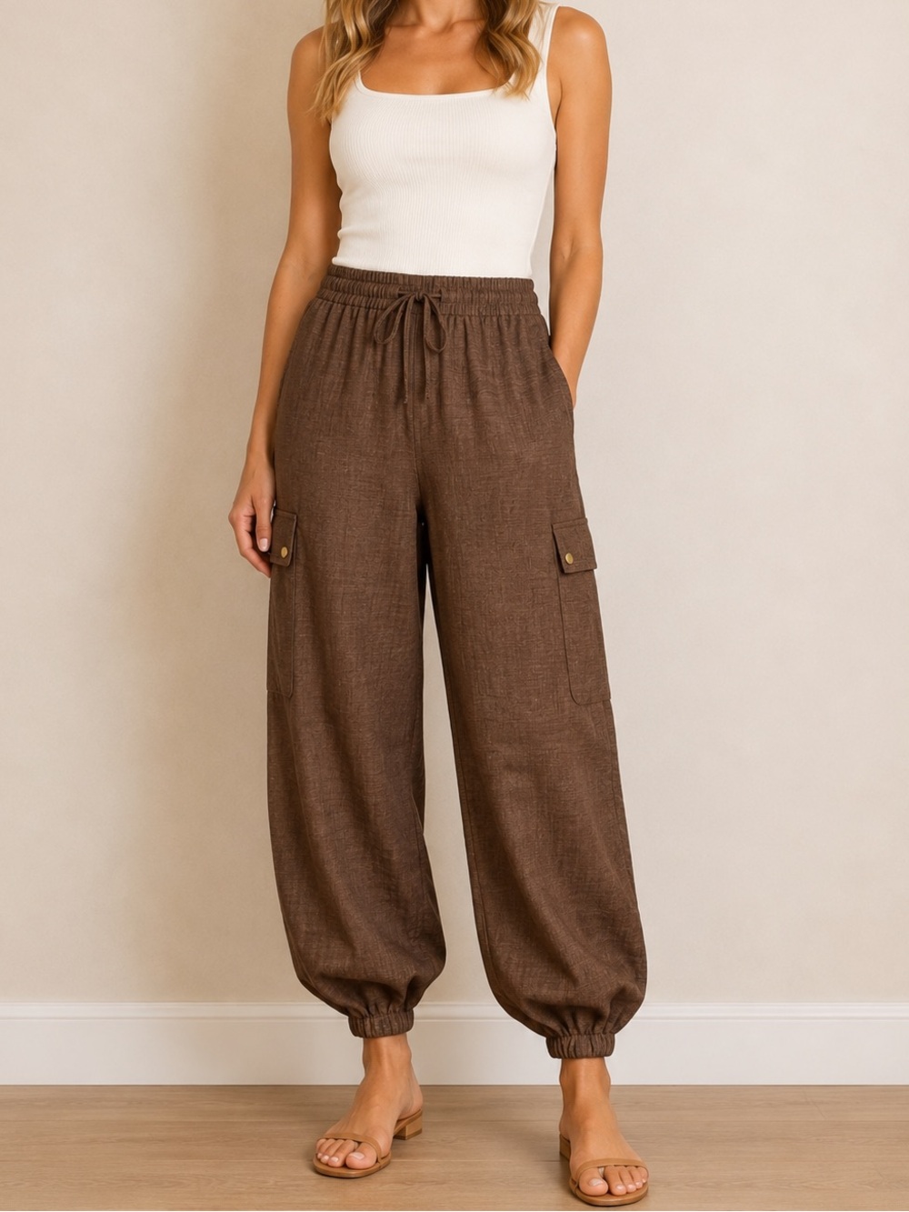 WREN New York Brown Cargo Jogger Pants Drawstring Elastic Waist Large NWOT